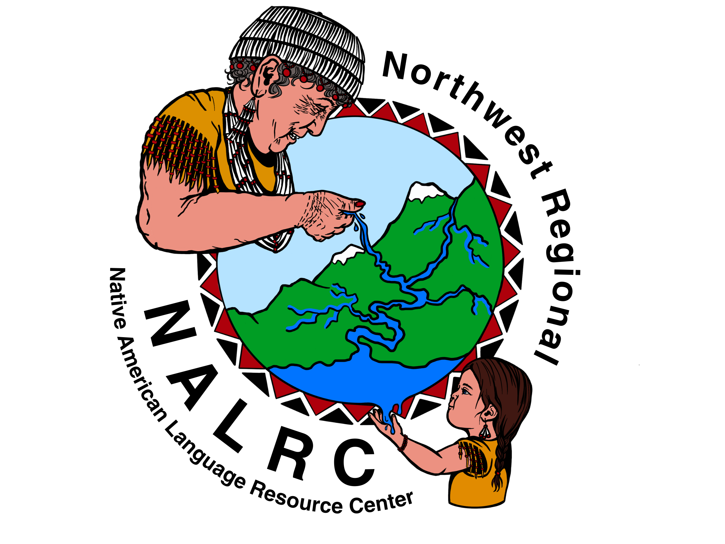 NALRC symbol elder passing river and land to young girl