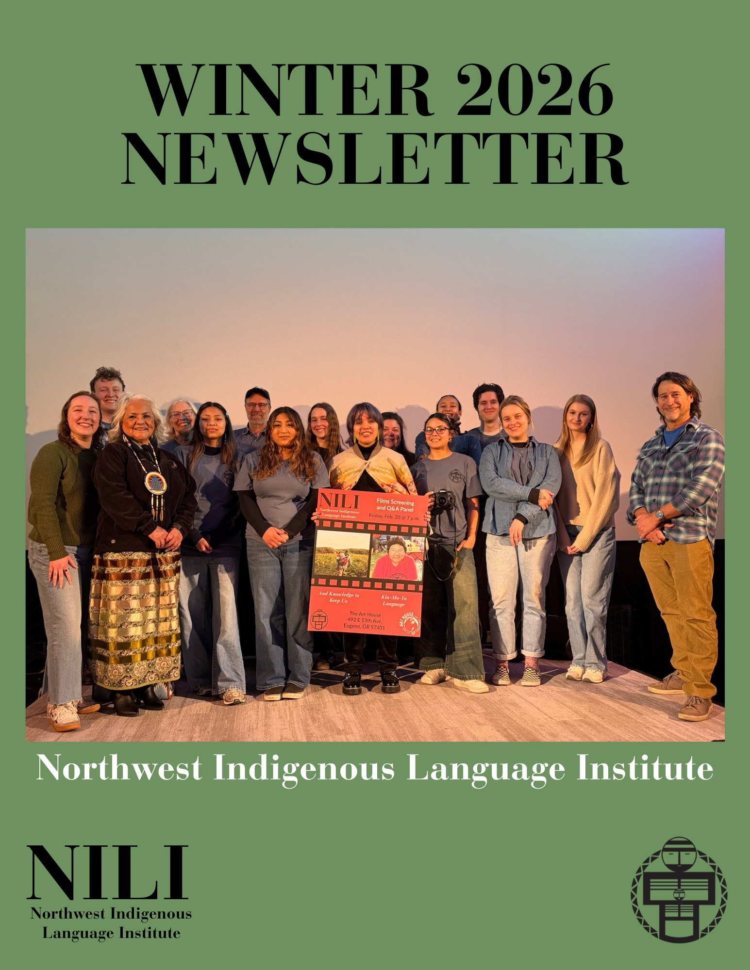 NILI Winter 2026 Newsletter Cover Photo of NILI students and affiliates at a film screening.